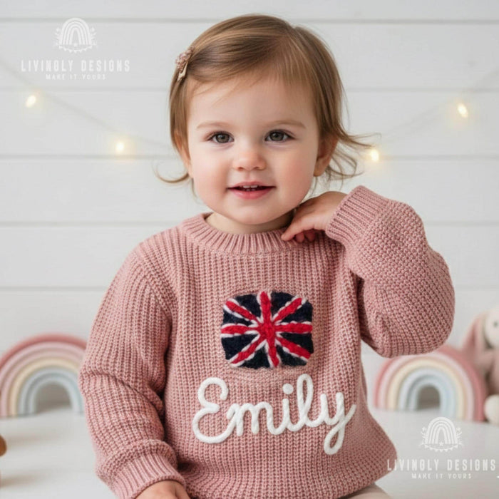 Personalized Name United Kingdom Flag Knit Baby and Kids Sweater