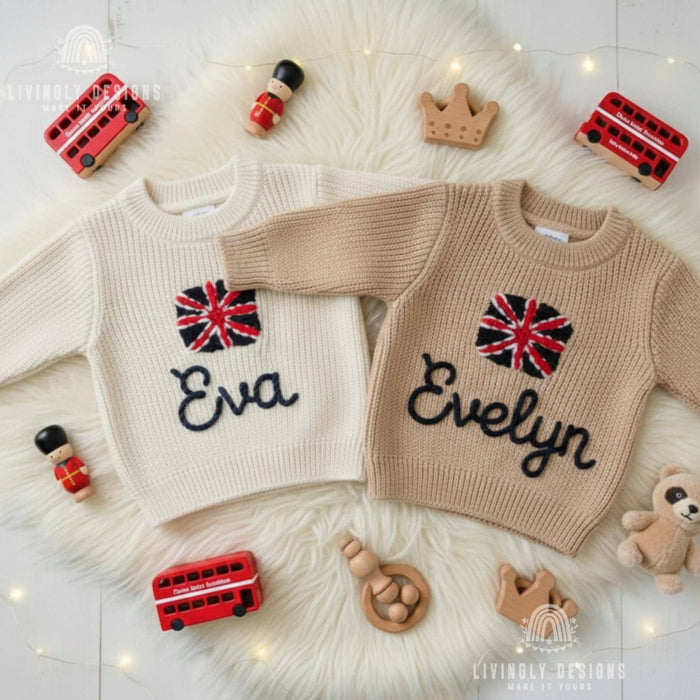 Personalized Name United Kingdom Flag Knit Baby and Kids Sweater