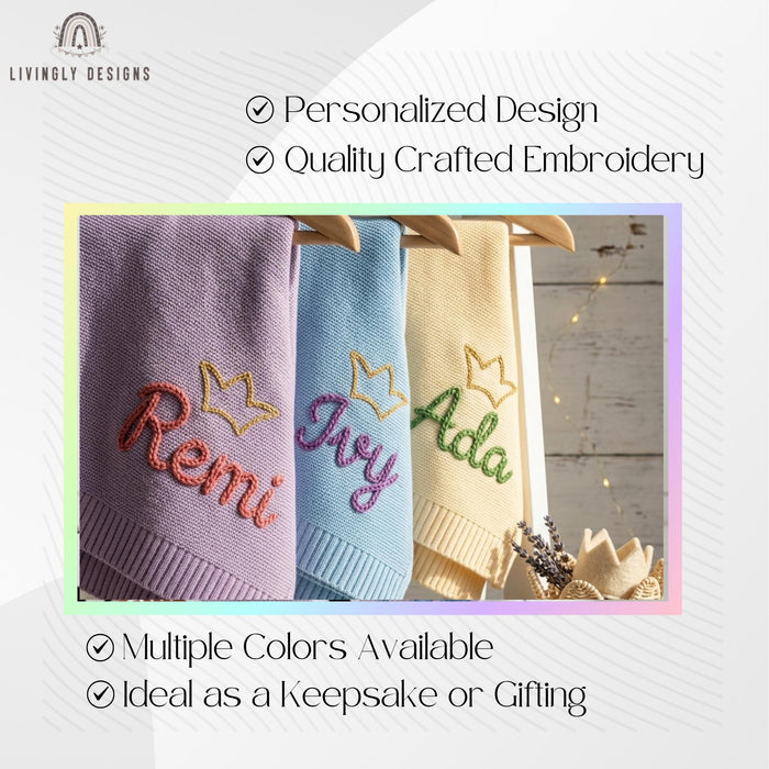 Custom Crown Knit Baby Blanket: Personalized Embroidered Name Nursery Keepsake