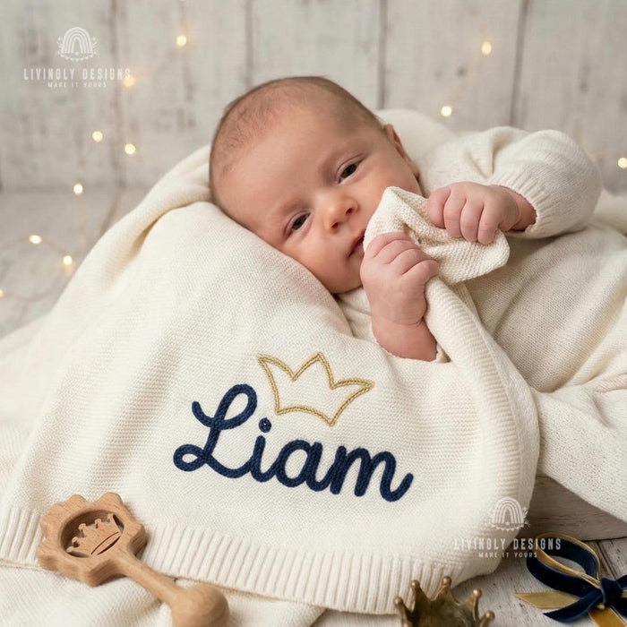 Custom Crown Knit Baby Blanket: Personalized Embroidered Name Nursery Keepsake