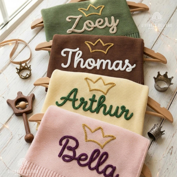 Custom Crown Knit Baby Blanket: Personalized Embroidered Name Nursery Keepsake