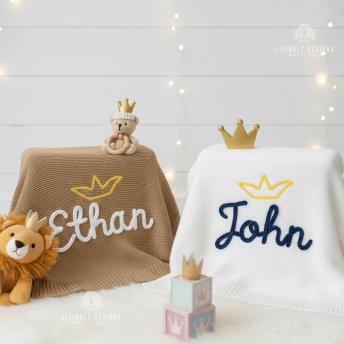 Custom Crown Knit Baby Blanket: Personalized Embroidered Name Nursery Keepsake