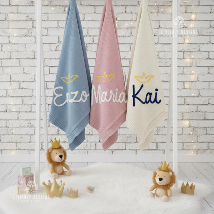 Custom Crown Knit Baby Blanket: Personalized Embroidered Name Nursery Keepsake