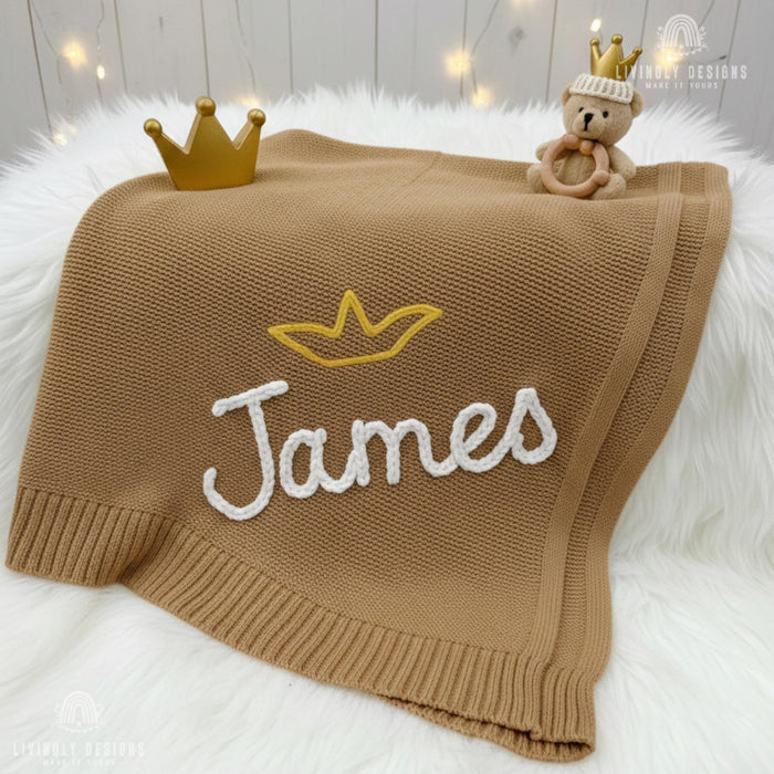 Custom Crown Knit Baby Blanket: Personalized Embroidered Name Nursery Keepsake