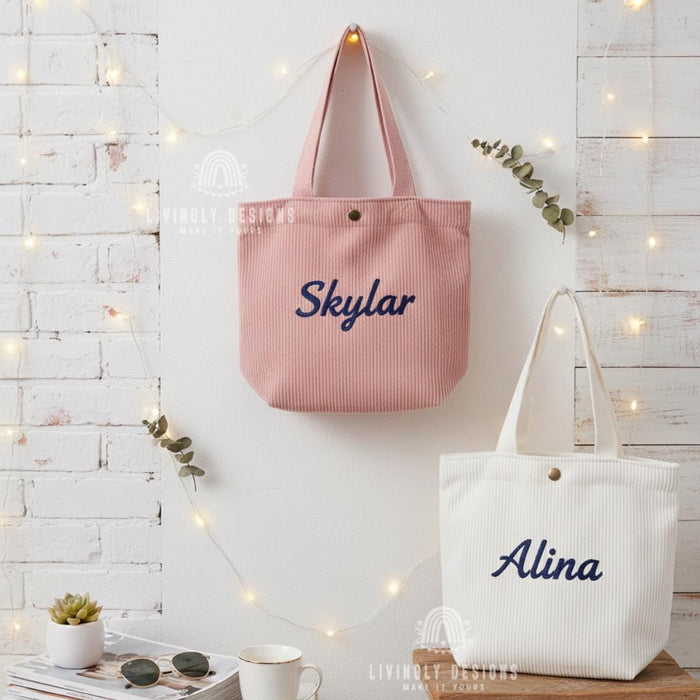 Personalized Tote Bag: Custom Name Corduroy Embroidered Handbag