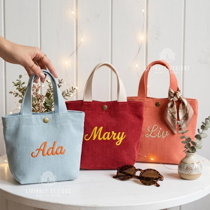 Personalized Tote Bag: Custom Name Corduroy Embroidered Handbag
