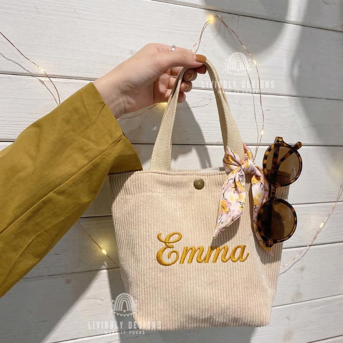 Personalized Tote Bag: Custom Name Corduroy Embroidered Handbag