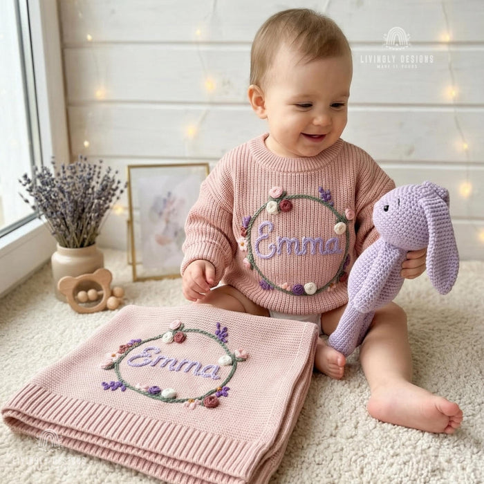 Personalized Knit Sweater Blanket Set Botanical Name Bundle