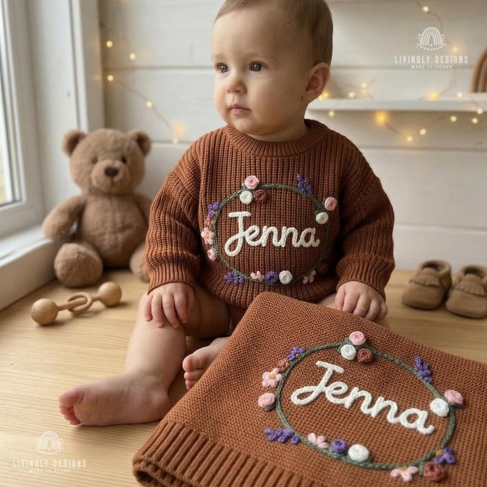 Personalized Knit Sweater Blanket Set Botanical Name Bundle