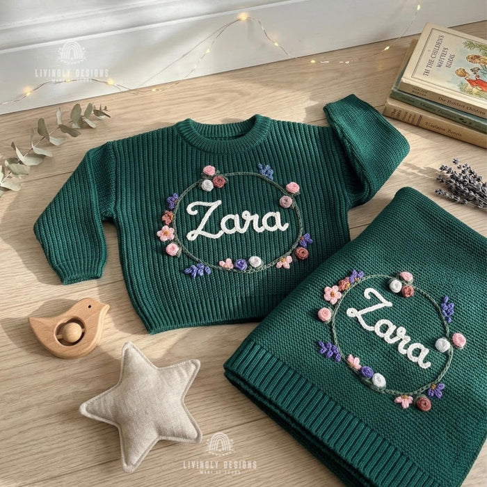 Personalized Knit Sweater Blanket Set Botanical Name Bundle