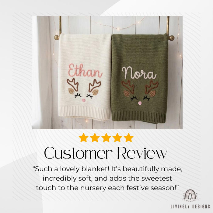 Custom Reindeer Name Blanket – Soft Personalized Baby Knit Gift