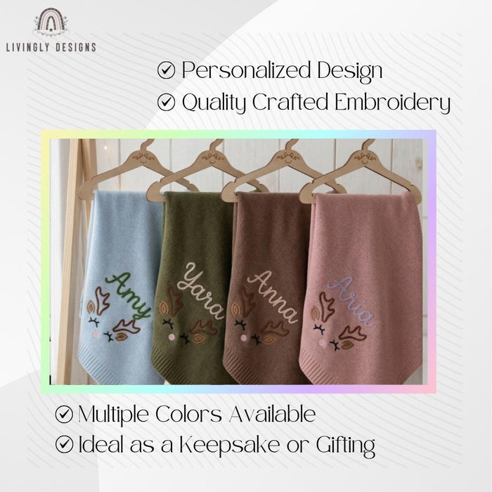 Custom Reindeer Name Blanket – Soft Personalized Baby Knit Gift