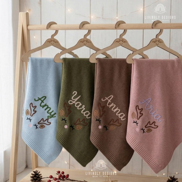 Custom Reindeer Name Blanket – Soft Personalized Baby Knit Gift
