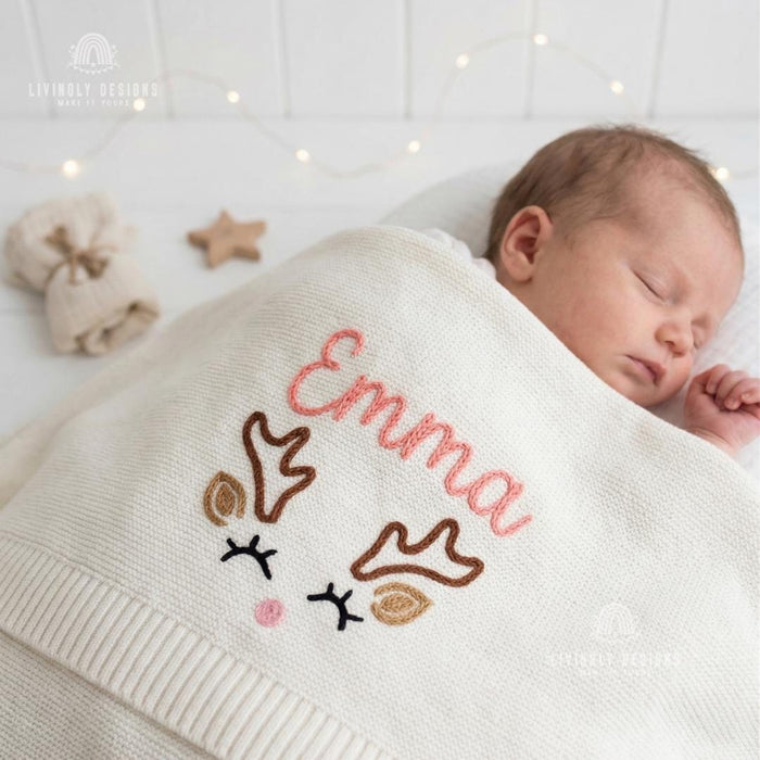 Custom Reindeer Name Blanket – Soft Personalized Baby Knit Gift