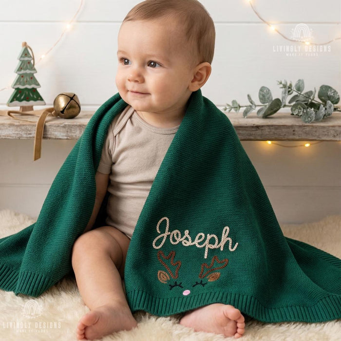 Custom Reindeer Name Blanket – Soft Personalized Baby Knit Gift