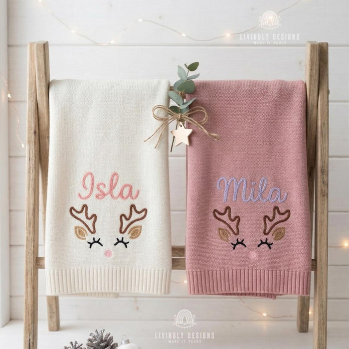 Custom Reindeer Name Blanket – Soft Personalized Baby Knit Gift