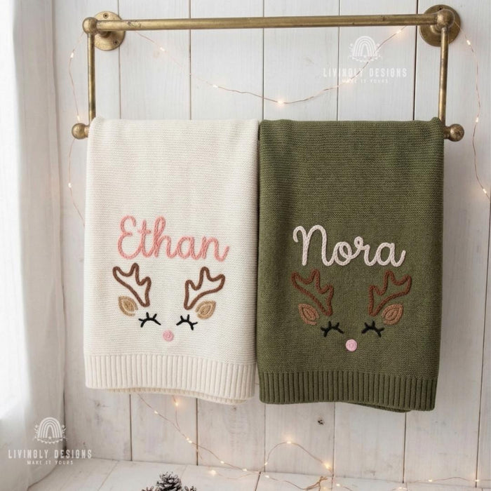 Custom Reindeer Name Blanket – Soft Personalized Baby Knit Gift