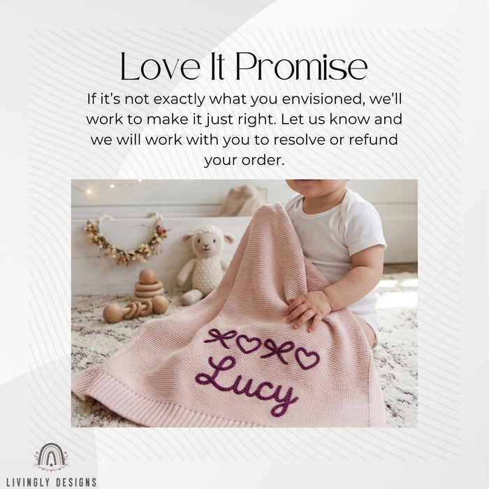 Custom Name Knit Blanket: Cute Bows and Hearts Design with Cozy Personalized Touch