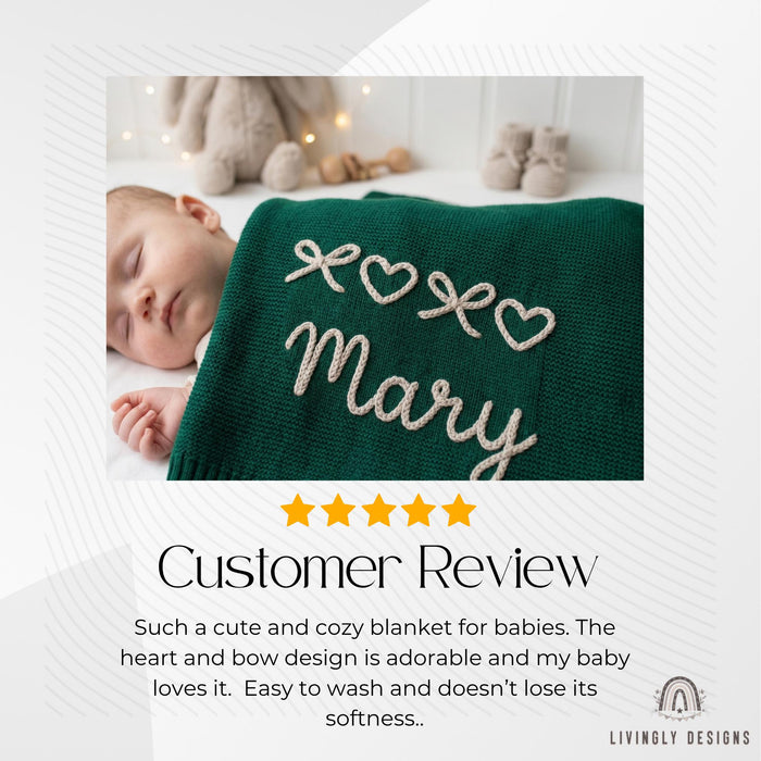Custom Name Knit Blanket: Cute Bows and Hearts Design with Cozy Personalized Touch
