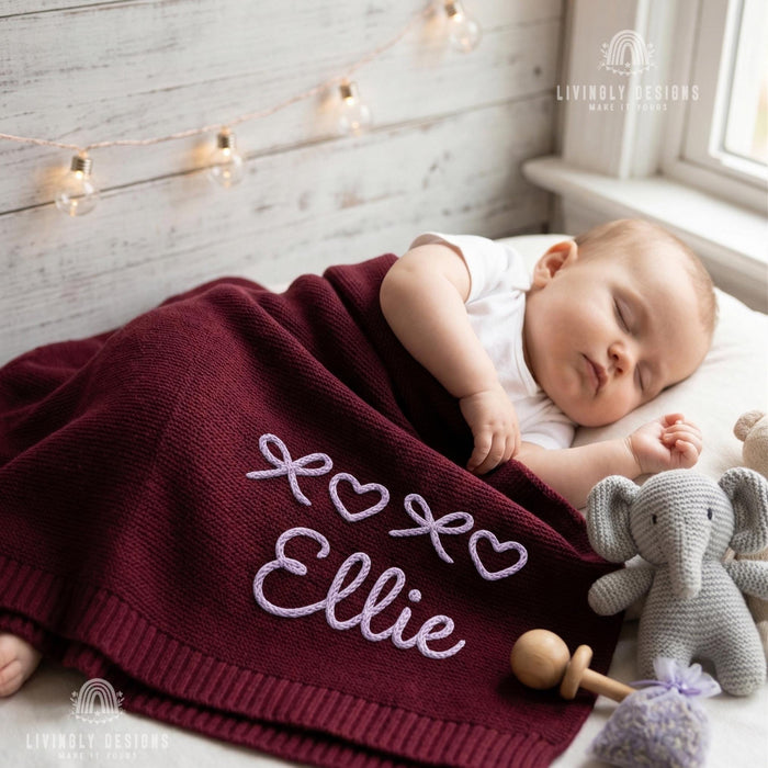 Custom Name Knit Blanket: Cute Bows and Hearts Design with Cozy Personalized Touch