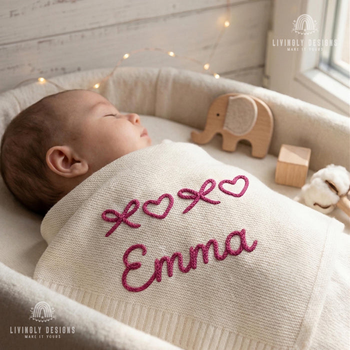 Custom Name Knit Blanket: Cute Bows and Hearts Design with Cozy Personalized Touch