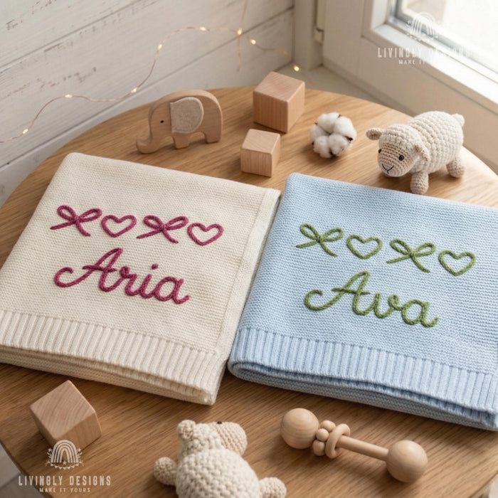 Custom Name Knit Blanket: Cute Bows and Hearts Design with Cozy Personalized Touch