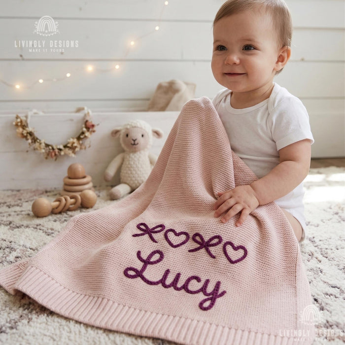 Custom Name Knit Blanket: Cute Bows and Hearts Design with Cozy Personalized Touch