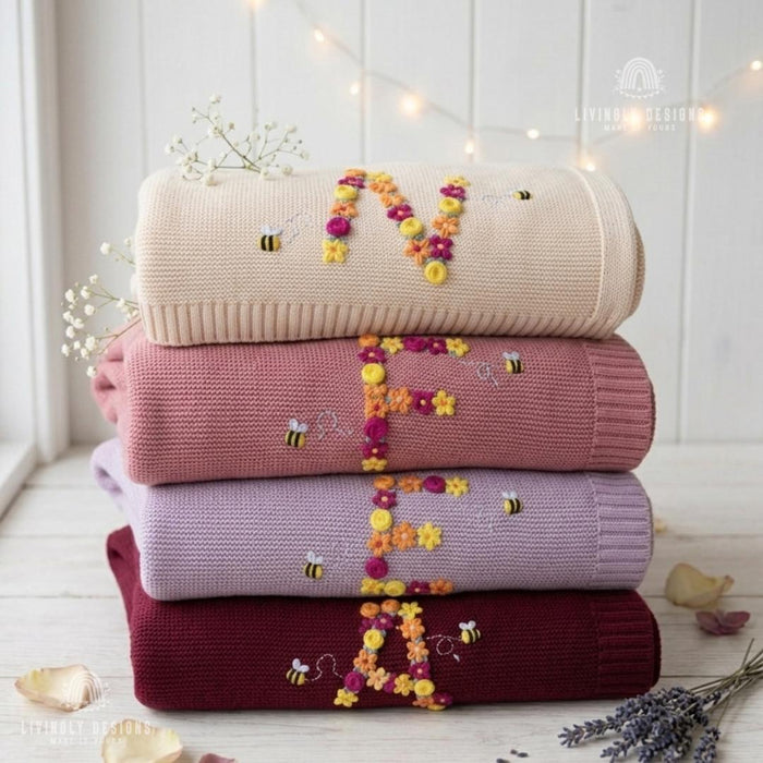 Custom Bee & Autumn Flower Name Blanket