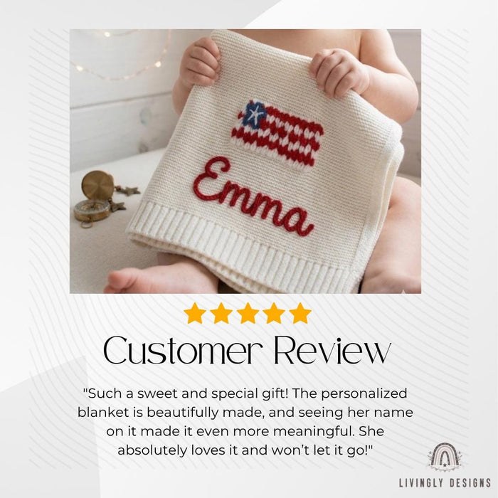 Custom USA Flag Name Blanket – Personalized Patriotic Baby Knit Throw