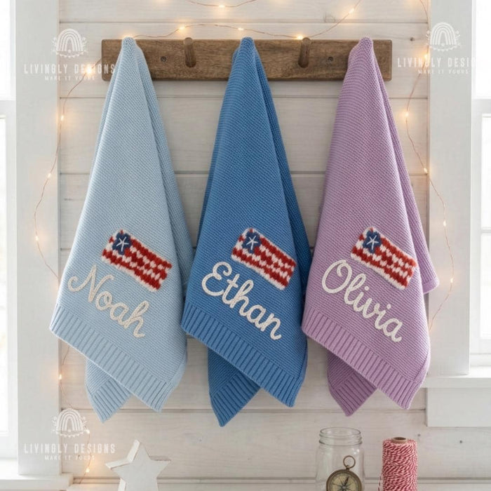 Custom USA Flag Name Blanket – Personalized Patriotic Baby Knit Throw