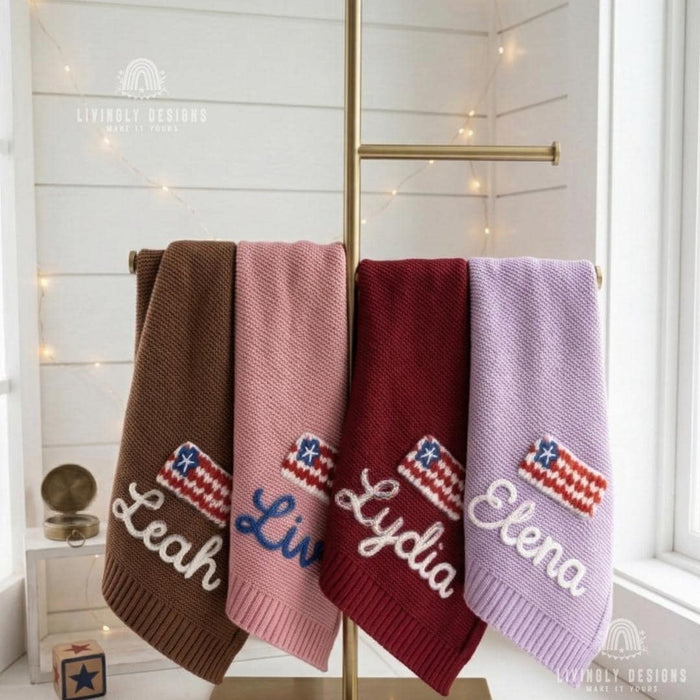 Custom USA Flag Name Blanket – Personalized Patriotic Baby Knit Throw