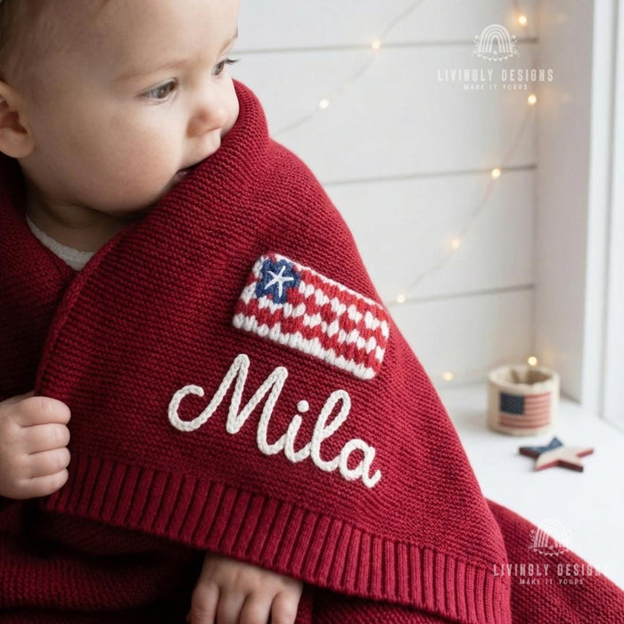 Custom USA Flag Name Blanket – Personalized Patriotic Baby Knit Throw