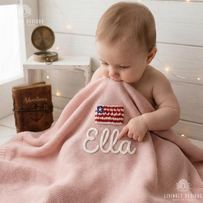 Custom USA Flag Name Blanket – Personalized Patriotic Baby Knit Throw