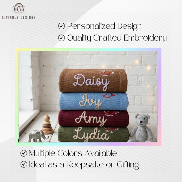 Personalized Helicopter Baby Blanket: Custom Name Knit Design with Embroidered Keepsake Touch