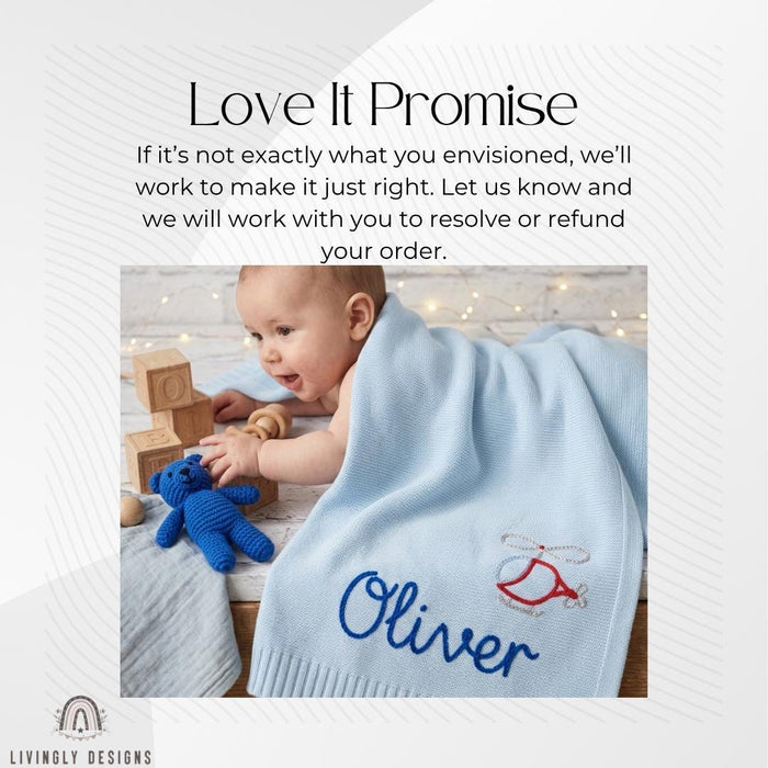Personalized Helicopter Baby Blanket: Custom Name Knit Design with Embroidered Keepsake Touch