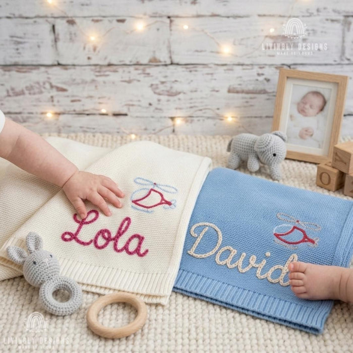 Personalized Helicopter Baby Blanket: Custom Name Knit Design with Embroidered Keepsake Touch