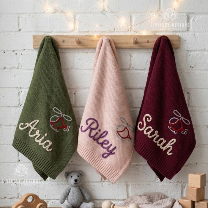 Personalized Helicopter Baby Blanket: Custom Name Knit Design with Embroidered Keepsake Touch