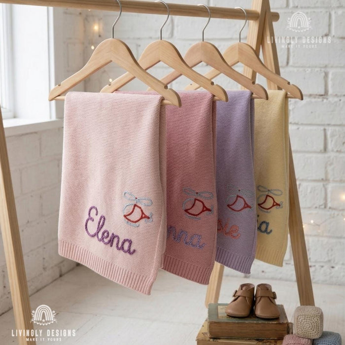Personalized Helicopter Baby Blanket: Custom Name Knit Design with Embroidered Keepsake Touch