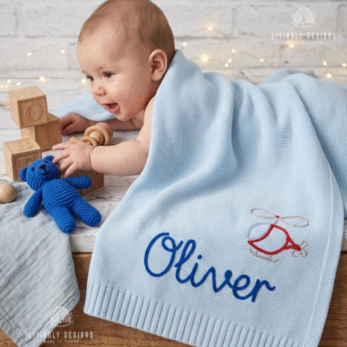 Personalized Helicopter Baby Blanket: Custom Name Knit Design with Embroidered Keepsake Touch