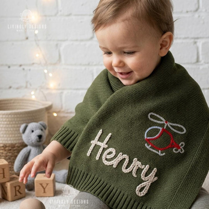 Personalized Helicopter Baby Blanket: Custom Name Knit Design with Embroidered Keepsake Touch