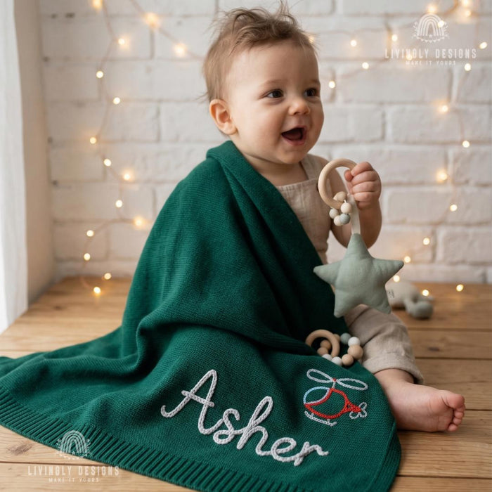 Personalized Helicopter Baby Blanket: Custom Name Knit Design with Embroidered Keepsake Touch
