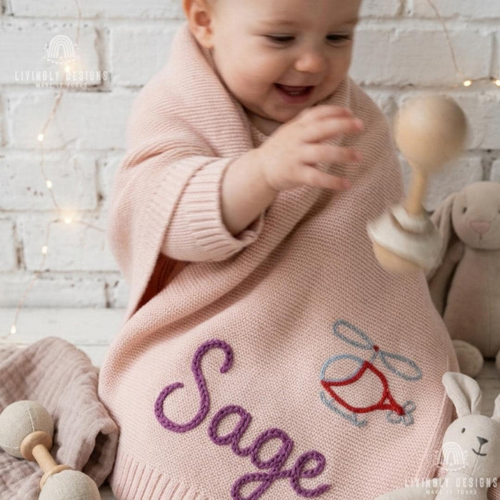 Personalized Helicopter Baby Blanket: Custom Name Knit Design with Embroidered Keepsake Touch