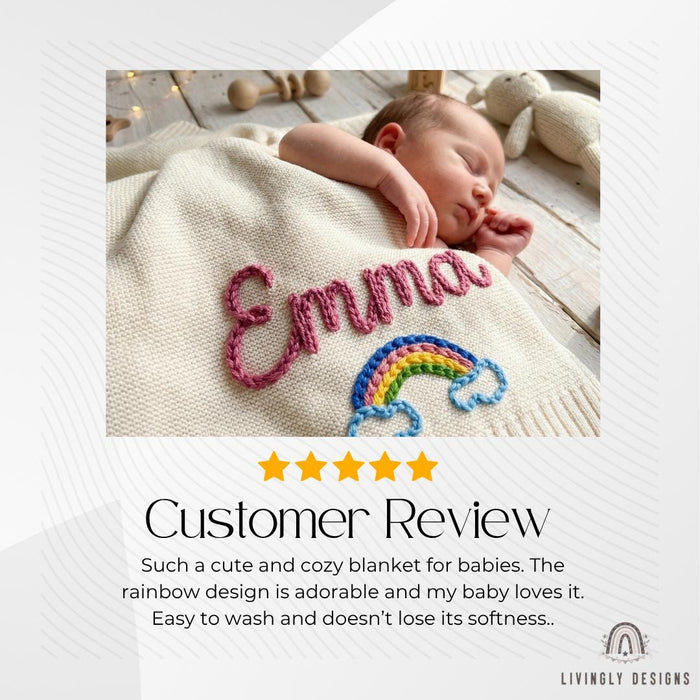 Personalized Baby Throw Blanket: Custom Rainbow Design with Embroidered Name Detail