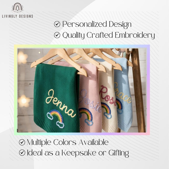 Personalized Baby Throw Blanket: Custom Rainbow Design with Embroidered Name Detail