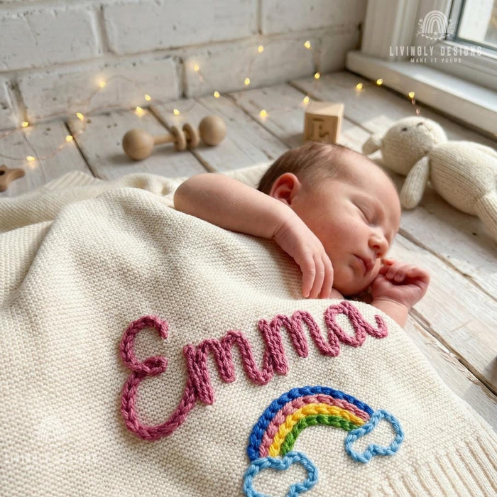Personalized Baby Throw Blanket: Custom Rainbow Design with Embroidered Name Detail