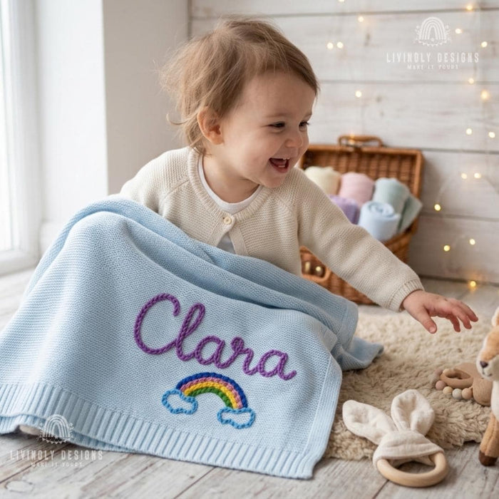 Personalized Baby Throw Blanket: Custom Rainbow Design with Embroidered Name Detail
