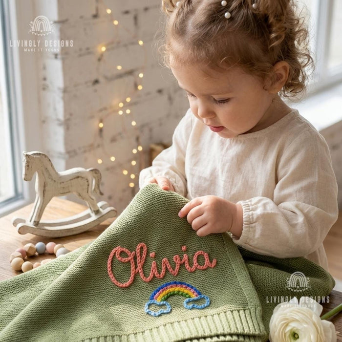 Personalized Baby Throw Blanket: Custom Rainbow Design with Embroidered Name Detail