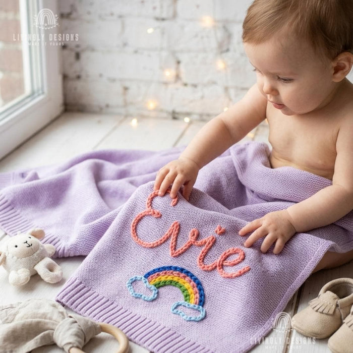Personalized Baby Throw Blanket: Custom Rainbow Design with Embroidered Name Detail