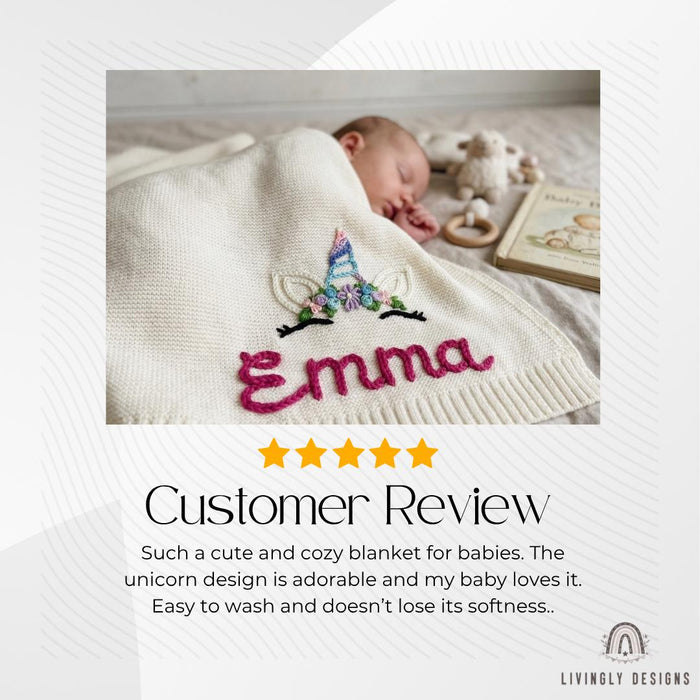 Personalized Baby Girl Blanket: Custom Unicorn Design with Embroidered Name Detail