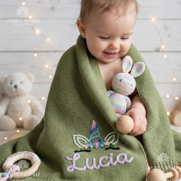 Personalized Baby Girl Blanket: Custom Unicorn Design with Embroidered Name Detail